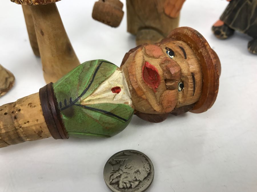 Set Of (2) Hand Carved Wooden Figures, (3) Wooden Mushrooms And Carved Wood Wine Stopper [Photo 4]