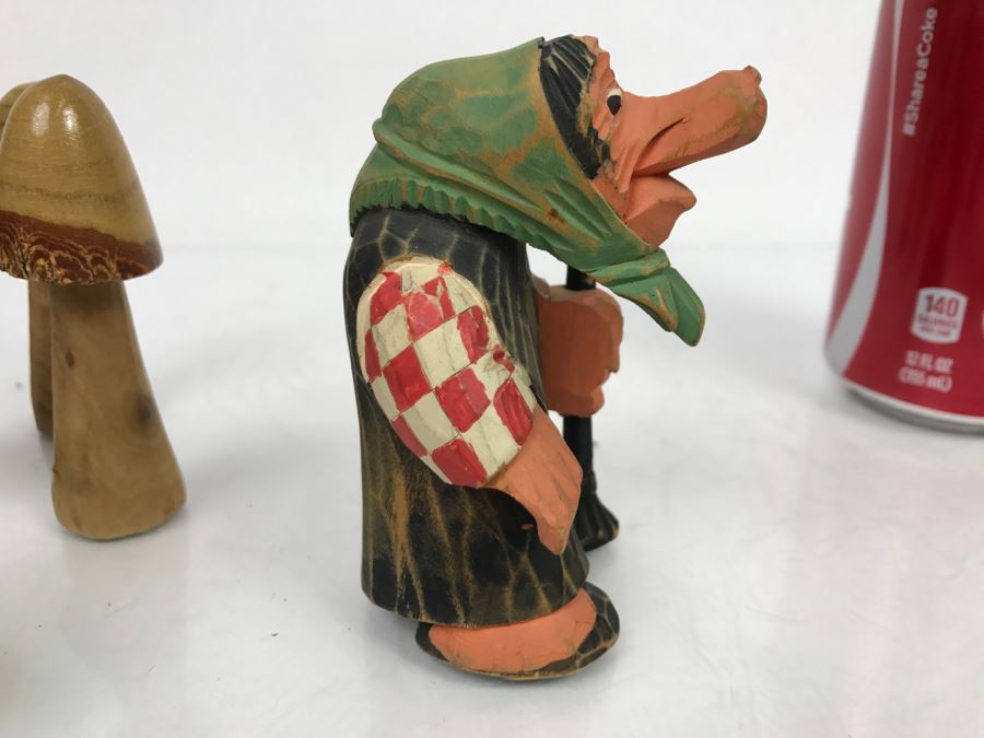 Set Of (2) Hand Carved Wooden Figures, (3) Wooden Mushrooms And Carved Wood Wine Stopper [Photo 11]