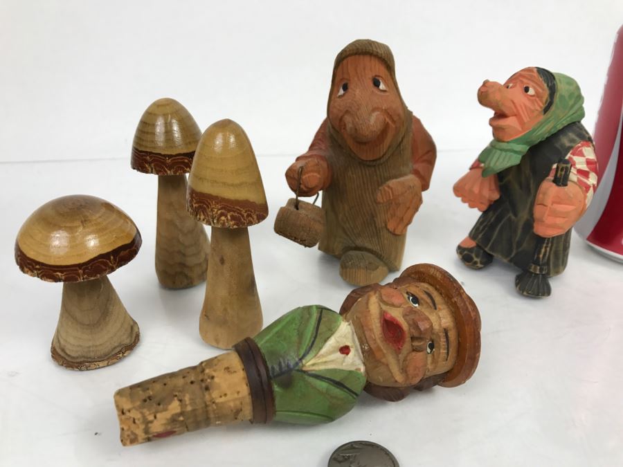 Set Of (2) Hand Carved Wooden Figures, (3) Wooden Mushrooms And Carved Wood Wine Stopper [Photo 1]