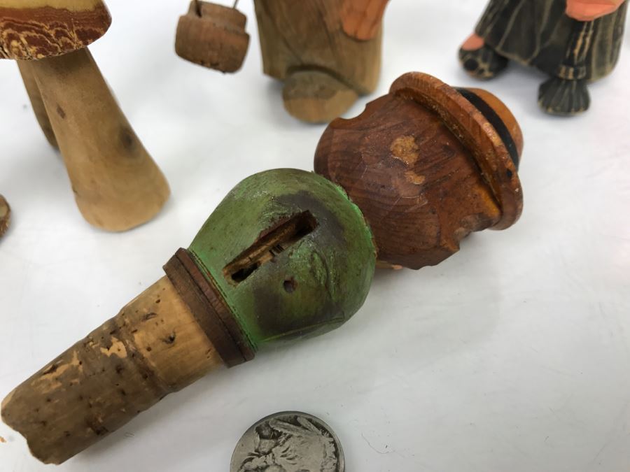 Set Of (2) Hand Carved Wooden Figures, (3) Wooden Mushrooms And Carved Wood Wine Stopper [Photo 6]