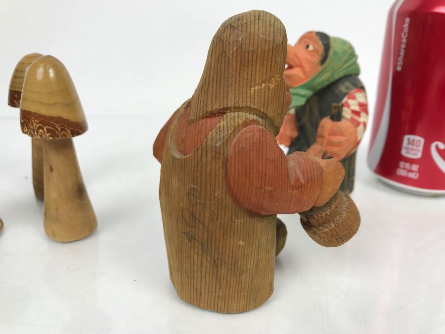Set Of (2) Hand Carved Wooden Figures, (3) Wooden Mushrooms And Carved Wood Wine Stopper [Photo 9]