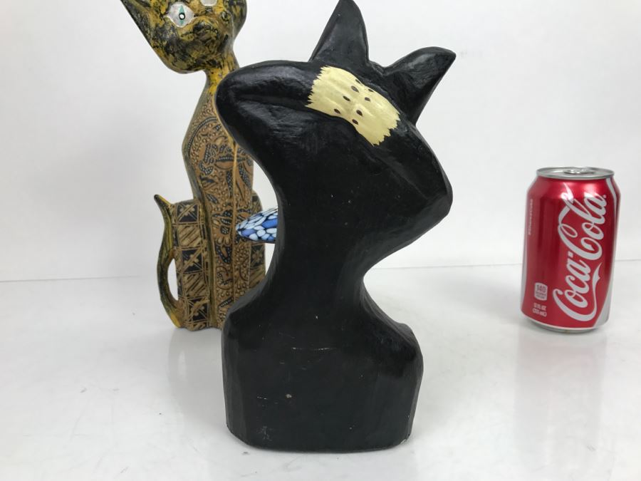 (2) Carved Wood Hand Painted Cats And Art Glass Mushroom [Photo 9]