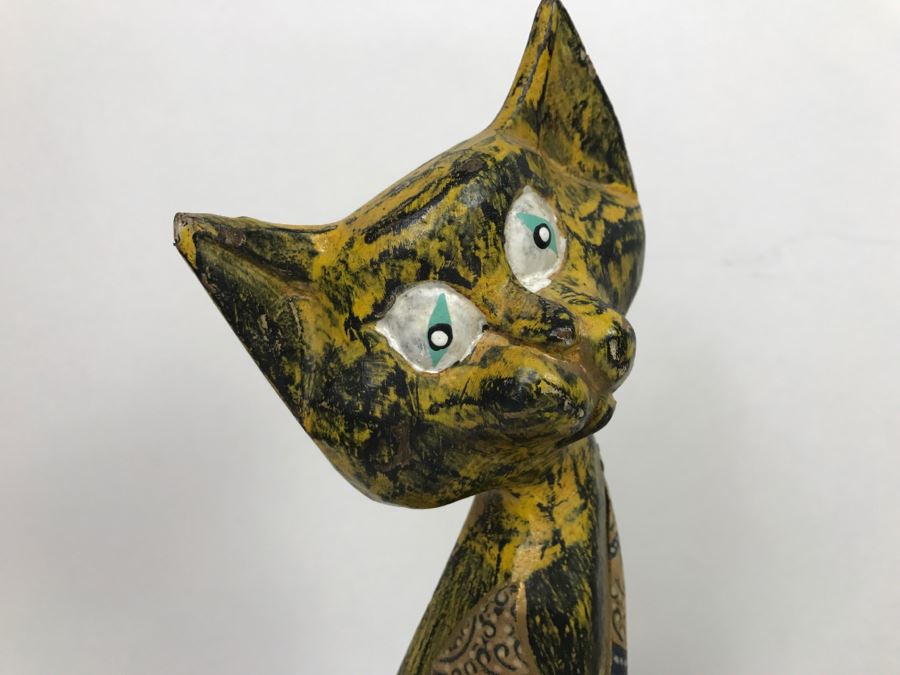 (2) Carved Wood Hand Painted Cats And Art Glass Mushroom [Photo 5]