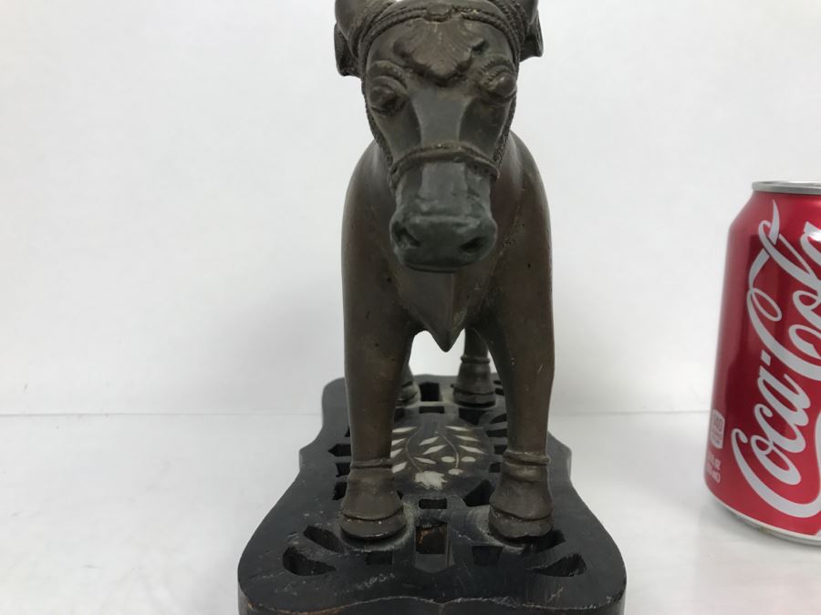 Vintage Bronze Cow Sculpture On Wooden Base From India [Photo 10]