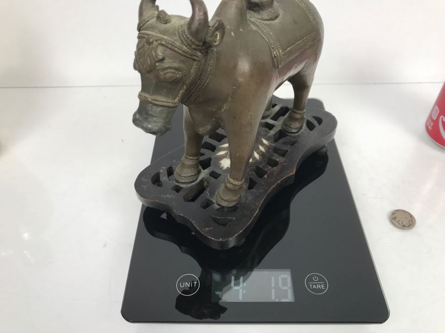Vintage Bronze Cow Sculpture On Wooden Base From India [Photo 23]