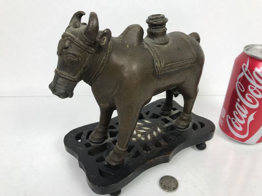 Vintage Bronze Cow Sculpture On Wooden Base From India [Photo 2]