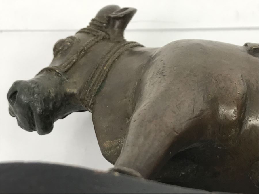 Vintage Bronze Cow Sculpture On Wooden Base From India [Photo 22]