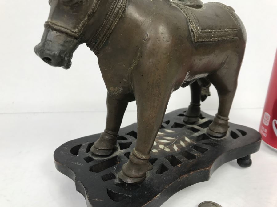 Vintage Bronze Cow Sculpture On Wooden Base From India [Photo 4]