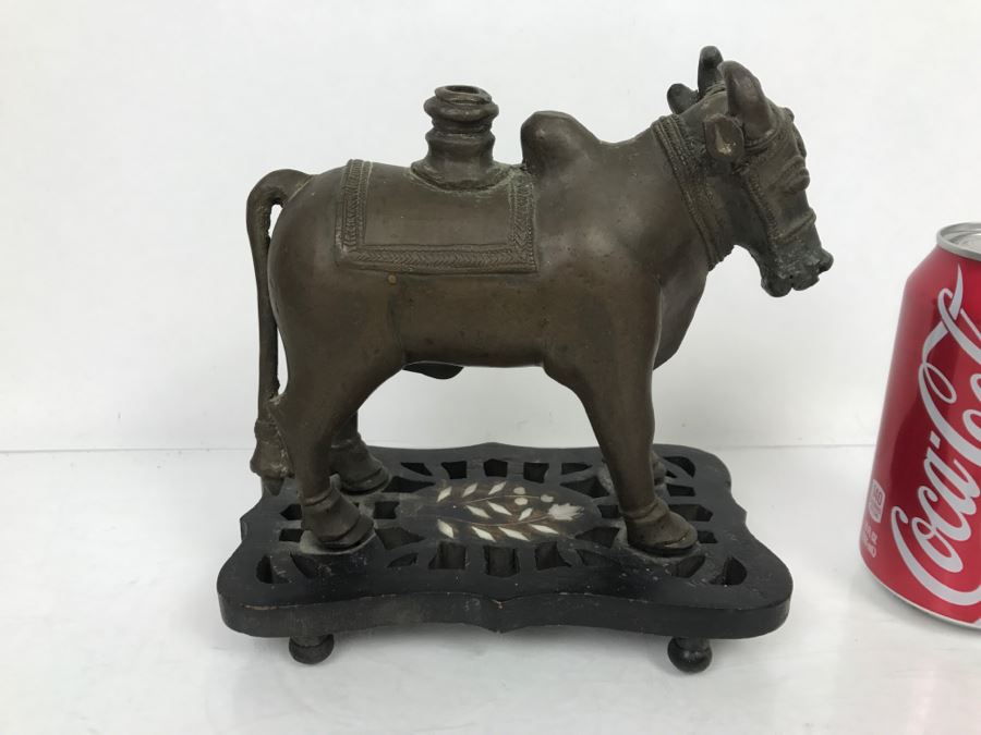 Vintage Bronze Cow Sculpture On Wooden Base From India [Photo 12]