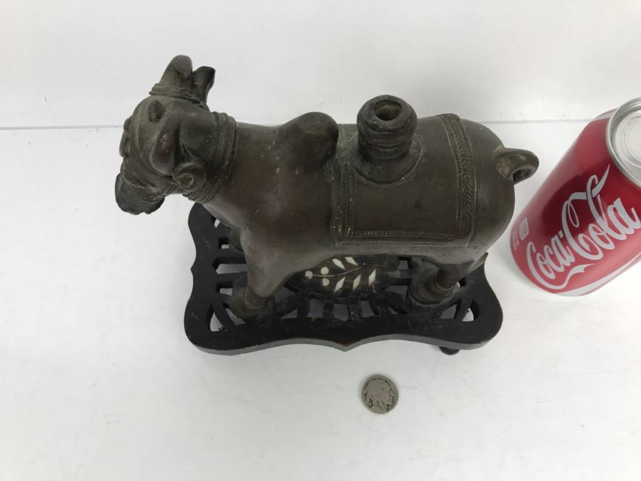 Vintage Bronze Cow Sculpture On Wooden Base From India [Photo 6]