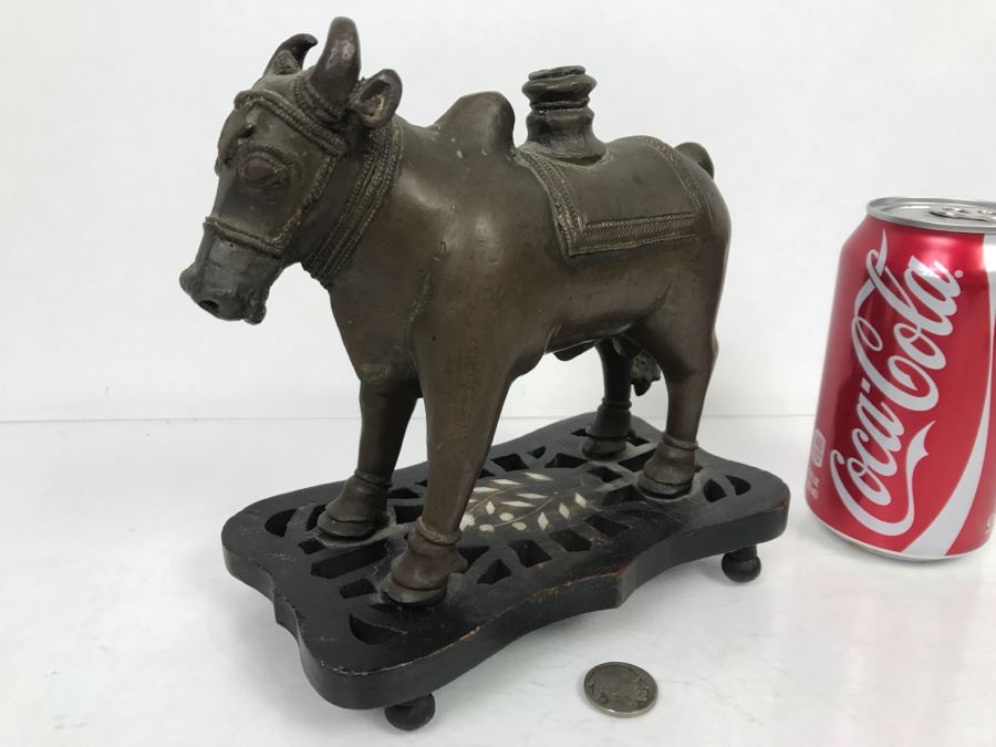 Vintage Bronze Cow Sculpture On Wooden Base From India