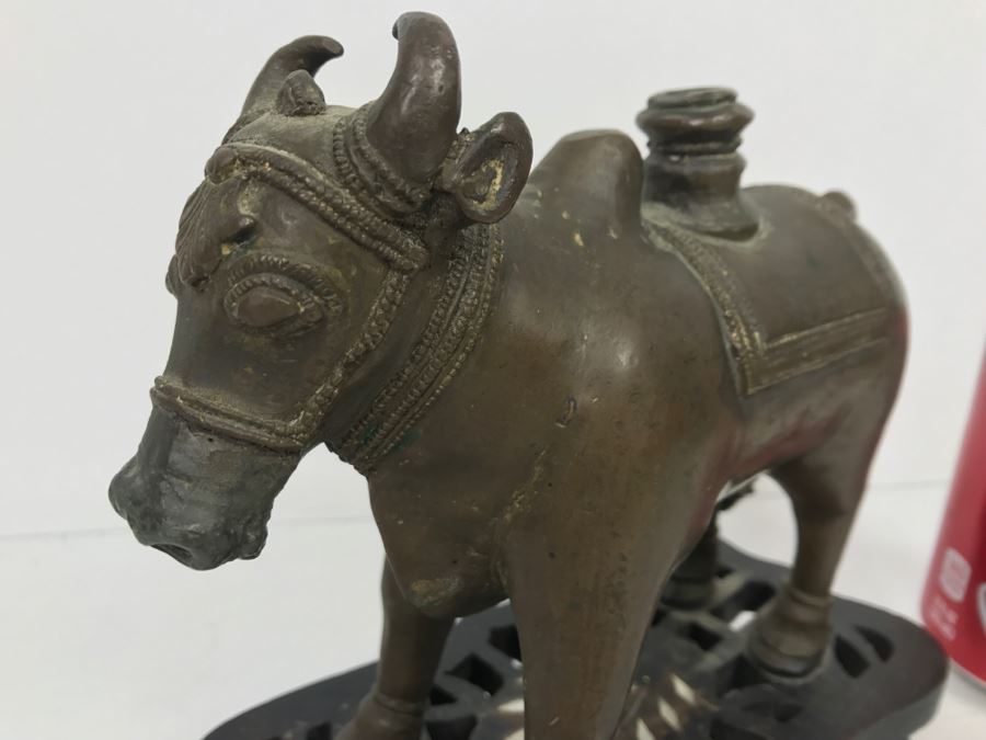 Vintage Bronze Cow Sculpture On Wooden Base From India [Photo 3]