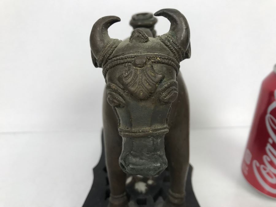 Vintage Bronze Cow Sculpture On Wooden Base From India [Photo 9]