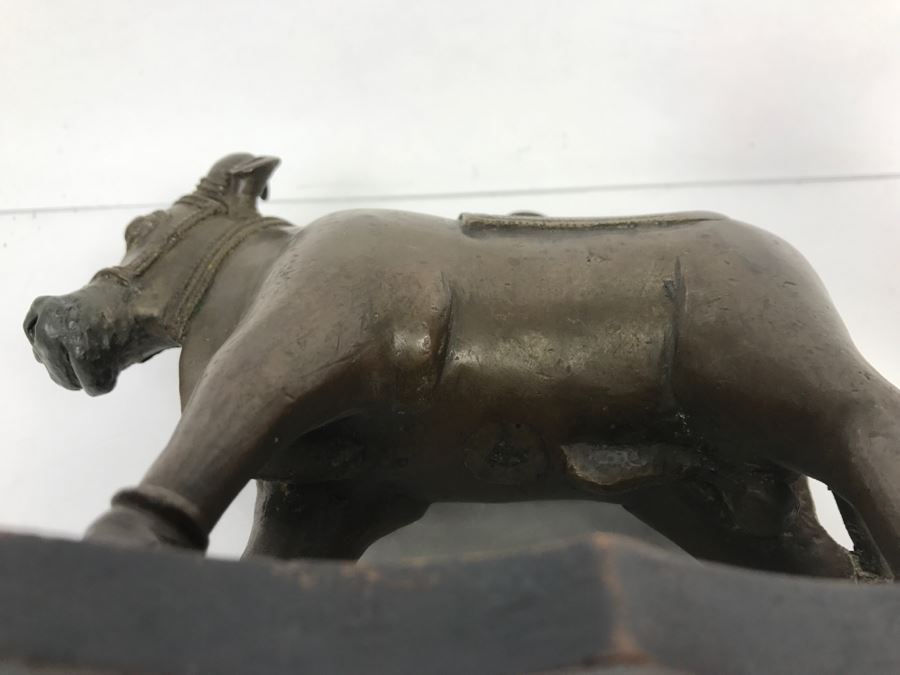 Vintage Bronze Cow Sculpture On Wooden Base From India [Photo 20]