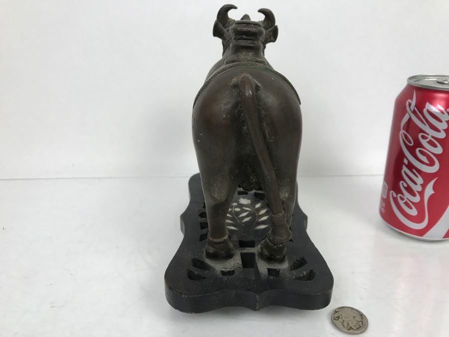 Vintage Bronze Cow Sculpture On Wooden Base From India [Photo 16]