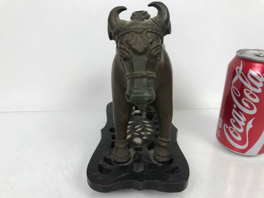 Vintage Bronze Cow Sculpture On Wooden Base From India [Photo 8]