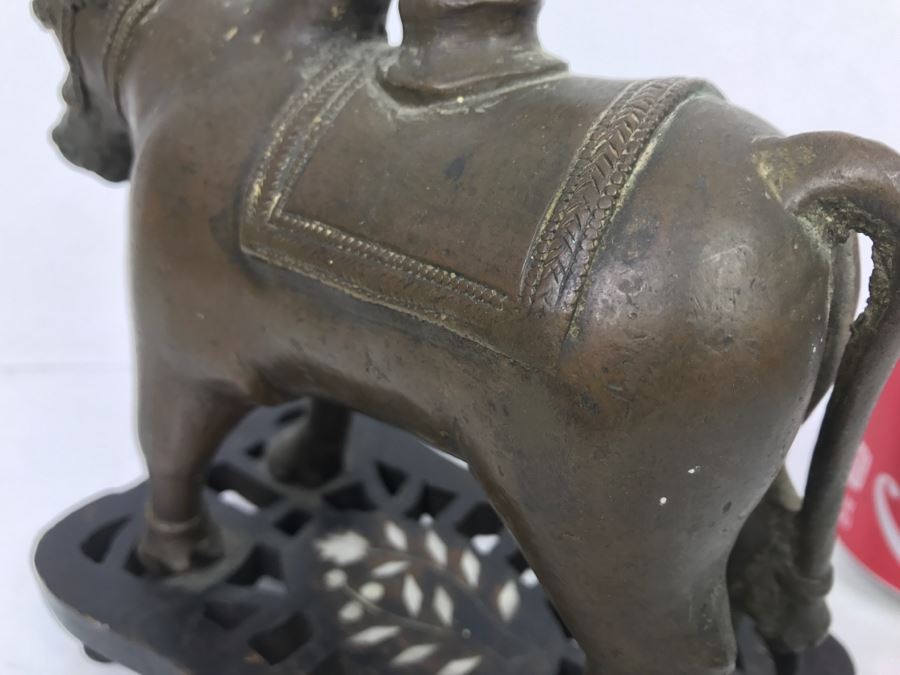 Vintage Bronze Cow Sculpture On Wooden Base From India [Photo 18]