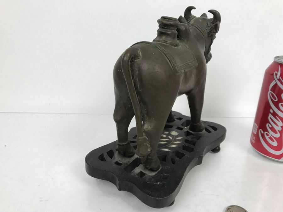 Vintage Bronze Cow Sculpture On Wooden Base From India [Photo 13]