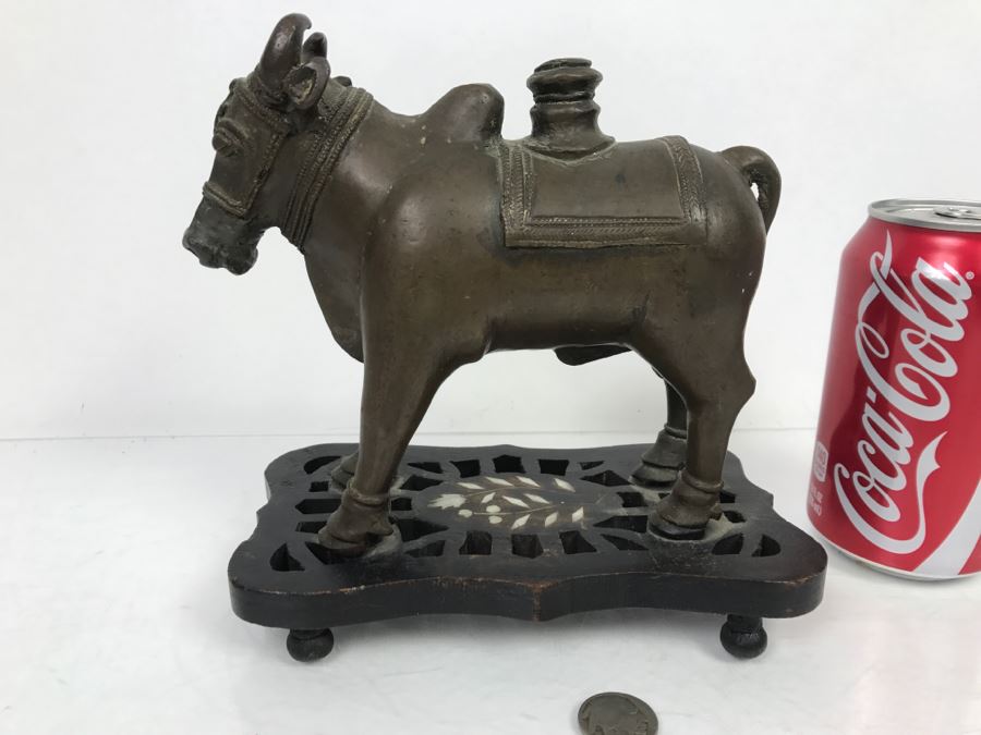 Vintage Bronze Cow Sculpture On Wooden Base From India [Photo 5]
