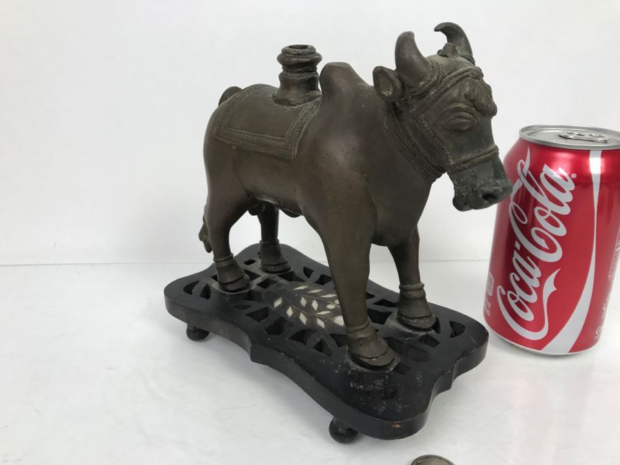 Vintage Bronze Cow Sculpture On Wooden Base From India [Photo 11]