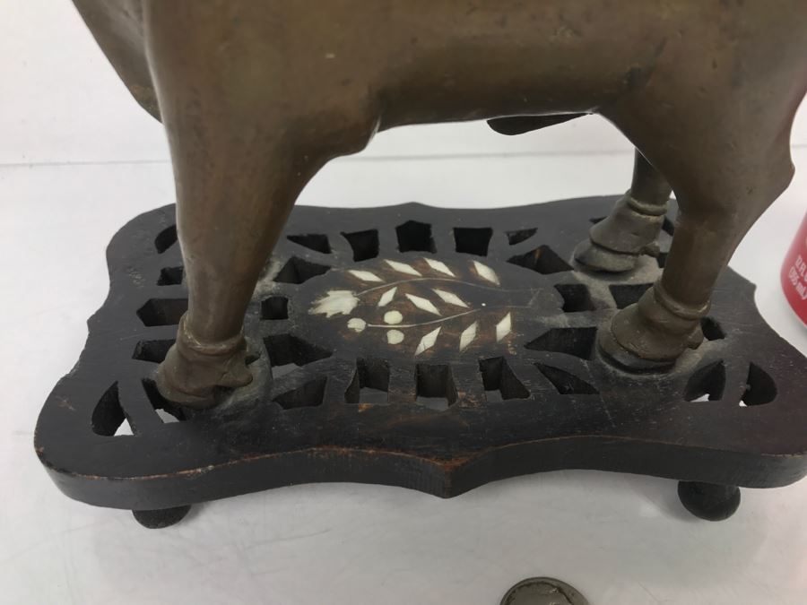 Vintage Bronze Cow Sculpture On Wooden Base From India [Photo 7]