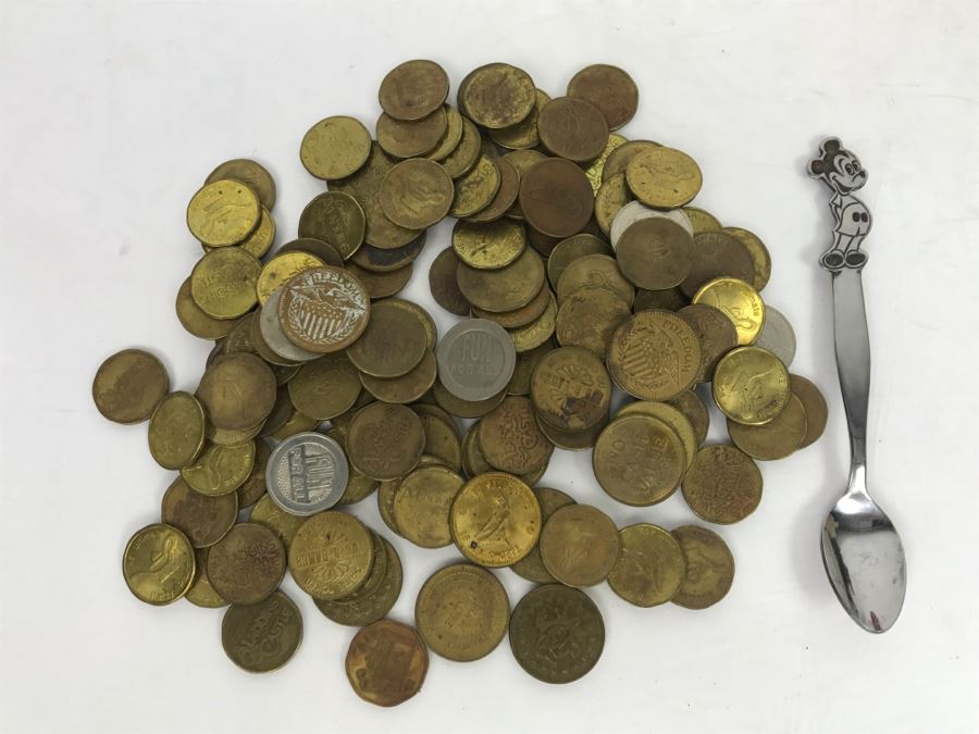 Various Game Tokens And Vintage Child's Mickey Mouse Spoon By Bonny Japan [Photo 2]