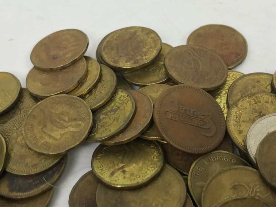 Various Game Tokens And Vintage Child's Mickey Mouse Spoon By Bonny Japan