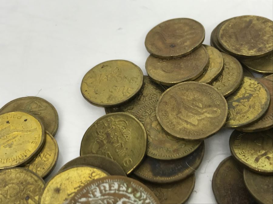 Various Game Tokens And Vintage Child's Mickey Mouse Spoon By Bonny Japan