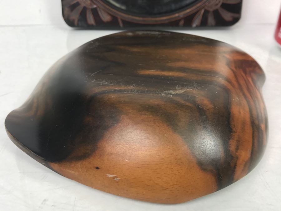 Signed Asian Carved Wood Plaque Of Cat And Carved Wooden Bowl [Photo 6]