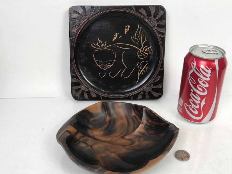 Signed Asian Carved Wood Plaque Of Cat And Carved Wooden Bowl