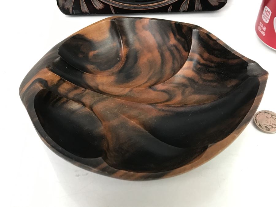 Signed Asian Carved Wood Plaque Of Cat And Carved Wooden Bowl [Photo 2]