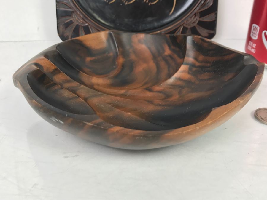 Signed Asian Carved Wood Plaque Of Cat And Carved Wooden Bowl [Photo 3]