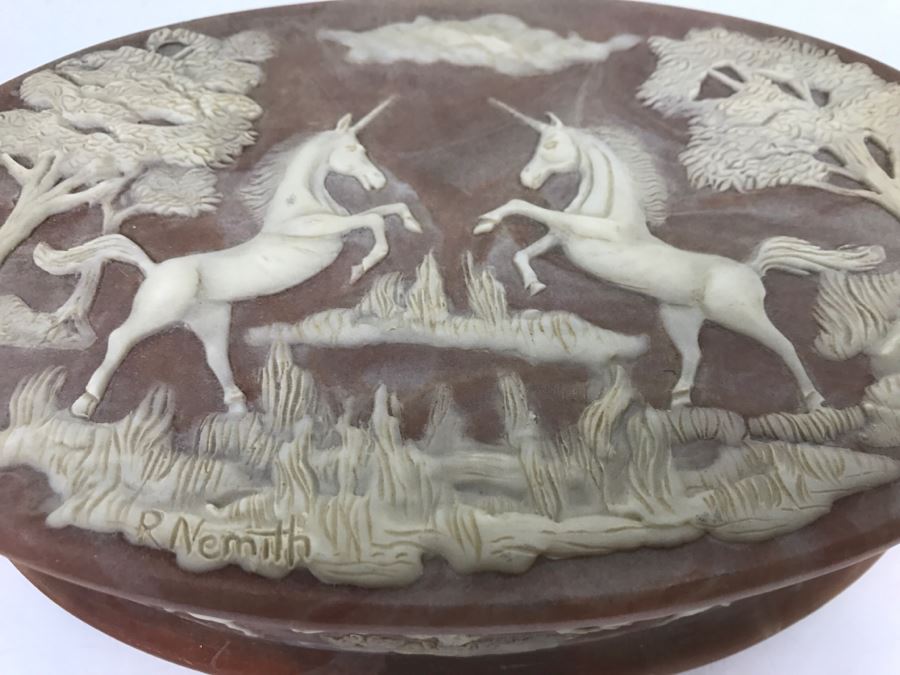 Vintage Incolay Stone Box Featuring Unicorns Signed R Nemith [Photo 3]