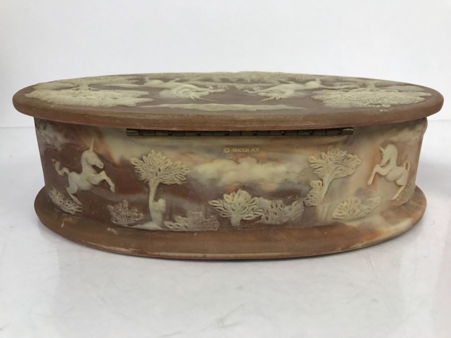 Vintage Incolay Stone Box Featuring Unicorns Signed R Nemith [Photo 7]