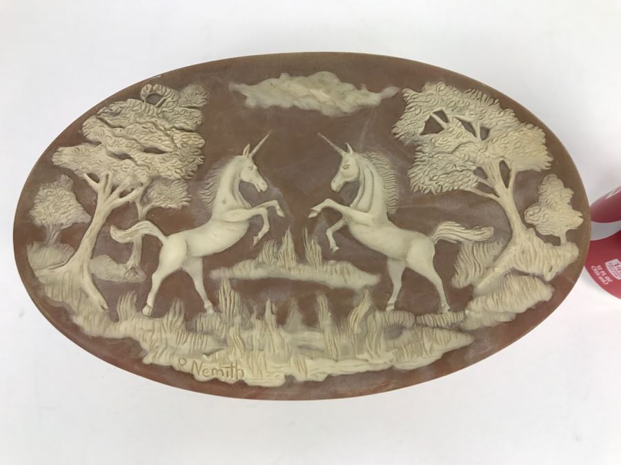 Vintage Incolay Stone Box Featuring Unicorns Signed R Nemith