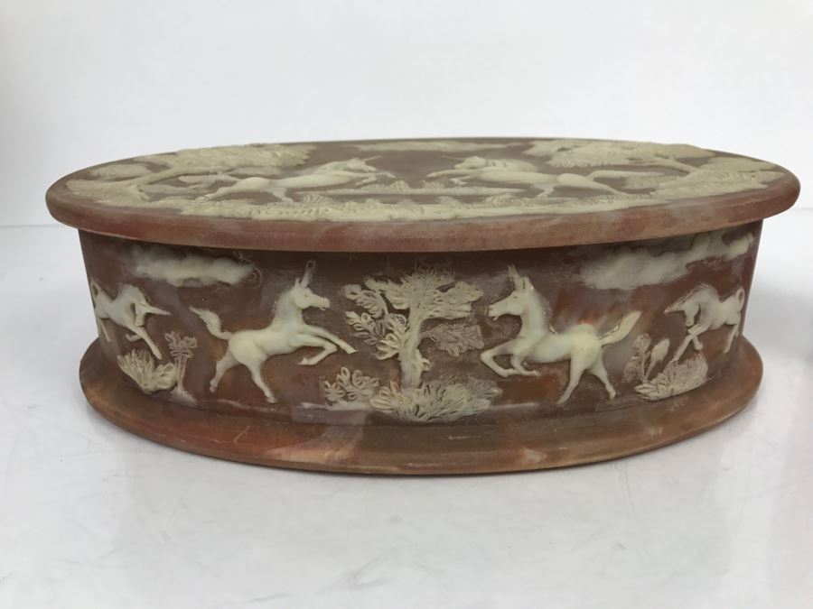 Vintage Incolay Stone Box Featuring Unicorns Signed R Nemith [Photo 5]