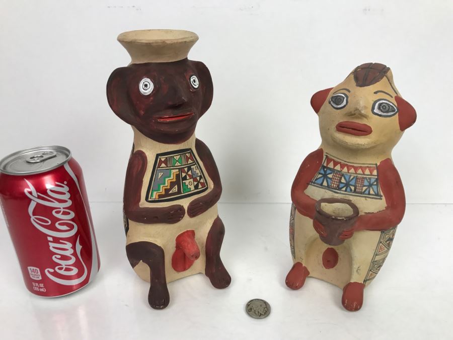 Pair Of South American Hand Painted Pottery Figures Of Man And Woman