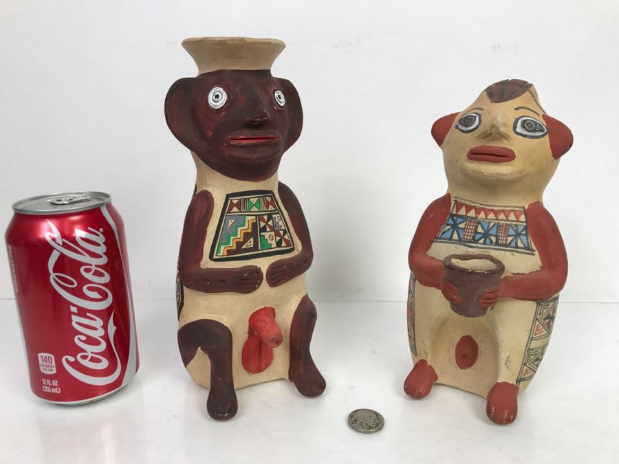 Pair Of South American Hand Painted Pottery Figures Of Man And Woman