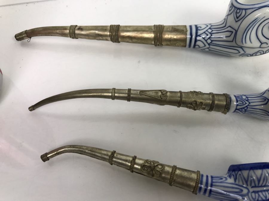 Set Of (3) Porcelain Blue And White Metal Pipes Elephant Cat [Photo 5]