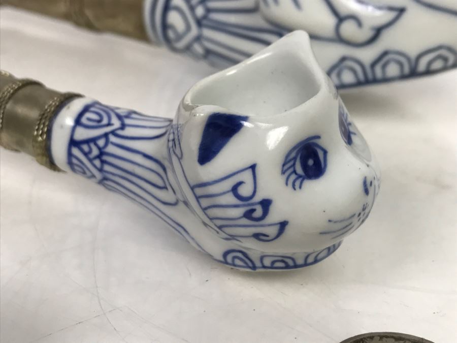 Set Of (3) Porcelain Blue And White Metal Pipes Elephant Cat [Photo 3]