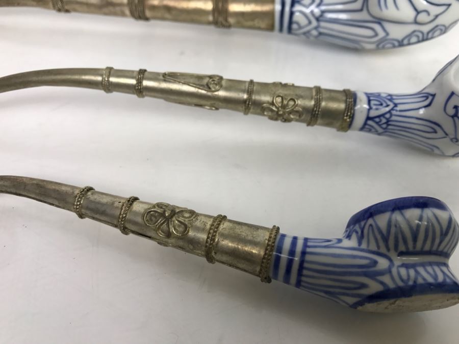 Set Of (3) Porcelain Blue And White Metal Pipes Elephant Cat [Photo 6]