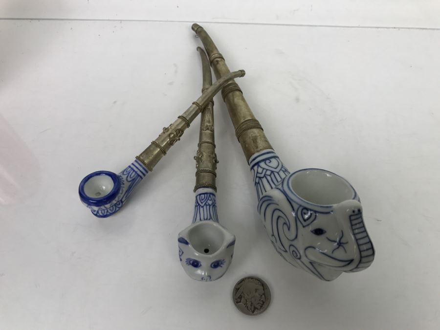 Set Of (3) Porcelain Blue And White Metal Pipes Elephant Cat [Photo 11]