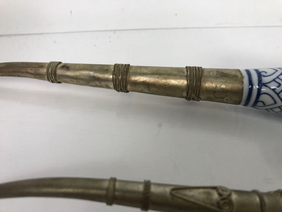 Set Of (3) Porcelain Blue And White Metal Pipes Elephant Cat [Photo 7]