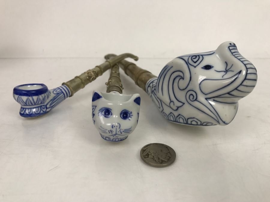 Set Of (3) Porcelain Blue And White Metal Pipes Elephant Cat [Photo 8]
