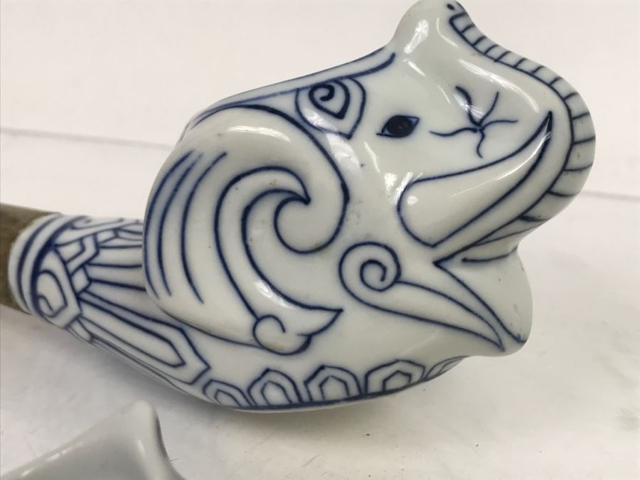 Set Of (3) Porcelain Blue And White Metal Pipes Elephant Cat [Photo 4]