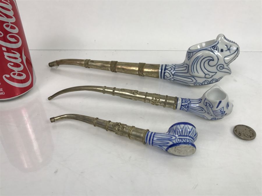 Set Of (3) Porcelain Blue And White Metal Pipes Elephant Cat [Photo 2]