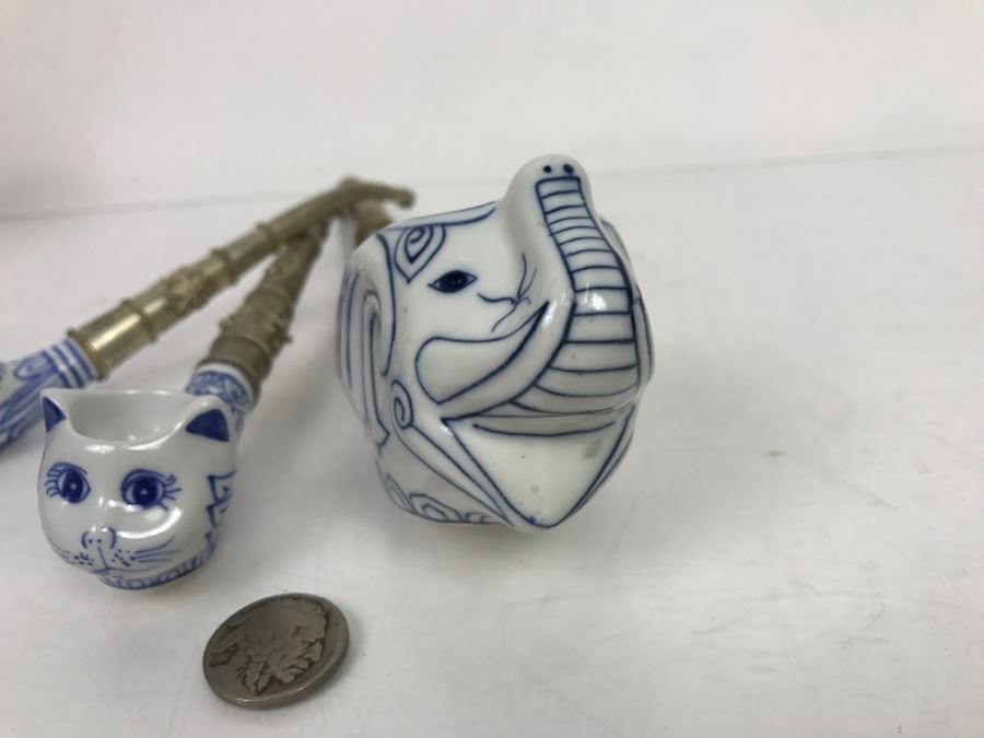 Set Of (3) Porcelain Blue And White Metal Pipes Elephant Cat [Photo 10]
