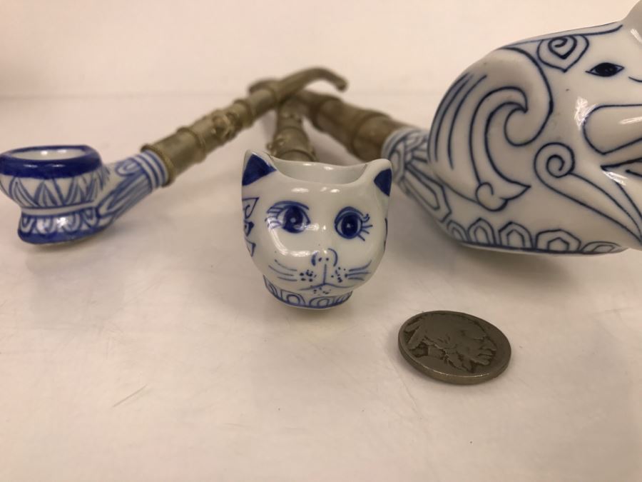 Set Of (3) Porcelain Blue And White Metal Pipes Elephant Cat [Photo 9]