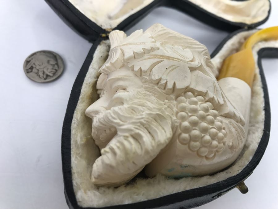 Old Hand Carved Meerschaum Pipe With Case Of Bacchus Wine God [Photo 3]