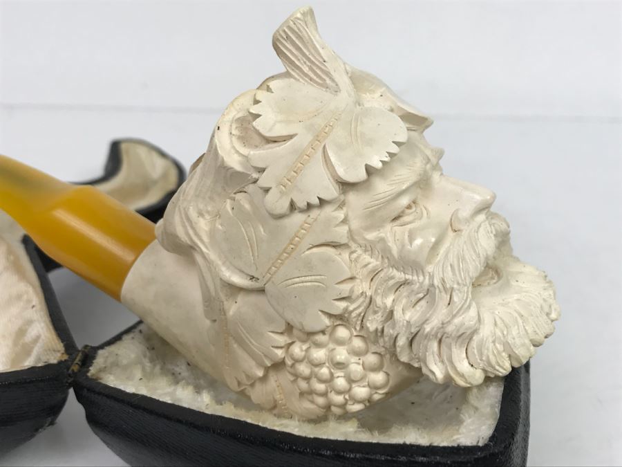 Old Hand Carved Meerschaum Pipe With Case Of Bacchus Wine God [Photo 6]